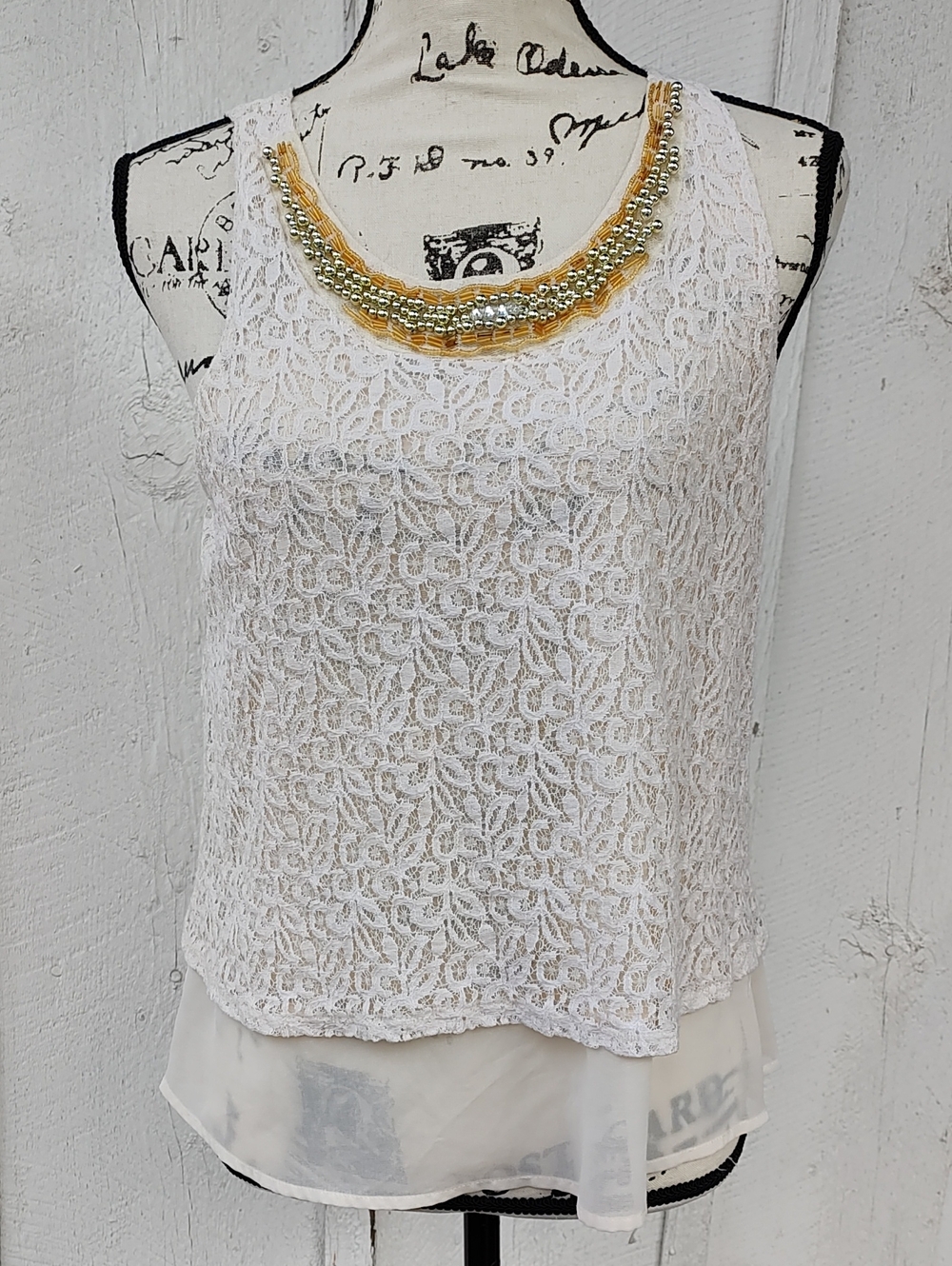Stoosh Cream Lace Over Sheer Cream Cami with Gold Beaded Neckline, Y2K Feminine